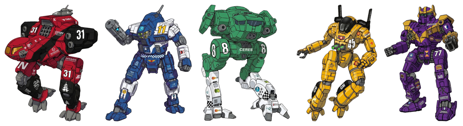 The five Formula Thunder Type R racing BattleMechs in team livery.